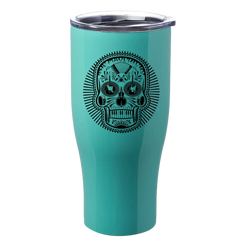 Teal insulated tumbler with a black sugar skull design on the front.