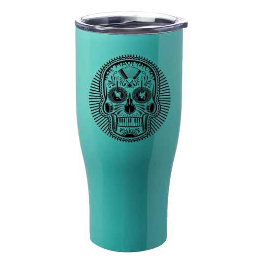 Teal insulated tumbler with a black sugar skull design on the front.