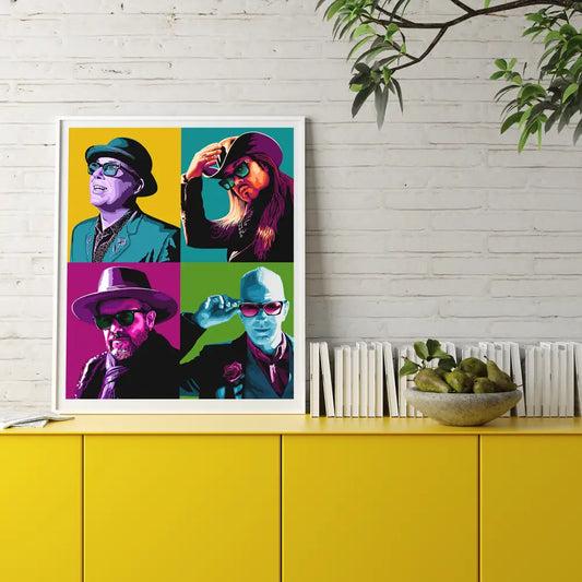 Pop art-style portrait featuring four colorful panels depicting different individuals in distinctive poses and accessories.