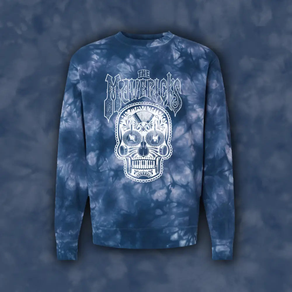 Blue tie-dye sweatshirt with skull graphic.