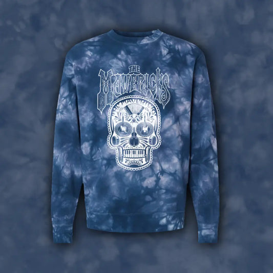 Blue tie-dye sweatshirt with skull graphic.