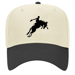 Two-tone baseball cap with rodeo silhouette.
