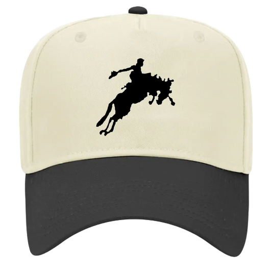 Two-tone baseball cap with rodeo silhouette.