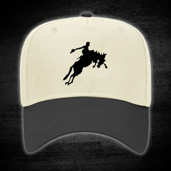 Two-tone baseball cap with rodeo silhouette.