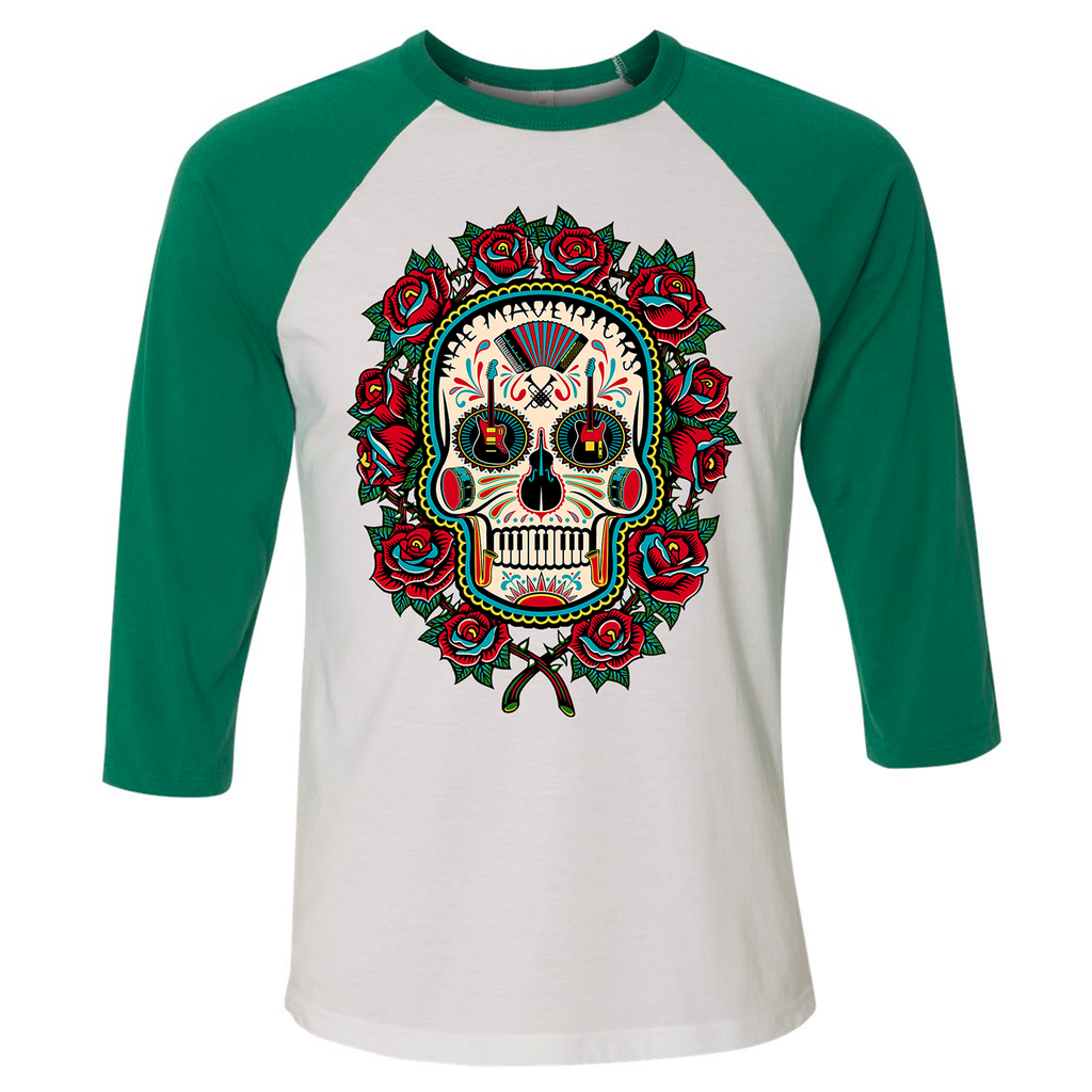 Kelly Green Rose Skull 3/4 Sleeve Shirt